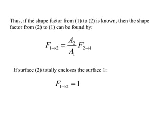 Thus, if the shape factor from (1) to (2) is known, then the shape
factor from (2) to (1) can be found by:
12
1
2
21 →→ = F
A
A
F
If surface (2) totally encloses the surface 1:
121 =→F
 