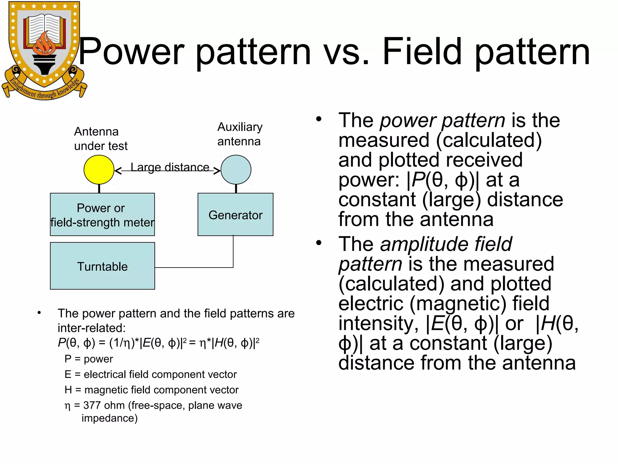 Power pattern vs. Field pattern
Auxiliary
antenna

Antenna
under test
Large distance
Power or
field-strength meter

Generator

Turntable

•

The power pattern and the field patterns are
inter-related:
P(θ, ϕ) = (1/η)*|E(θ, ϕ)|2 = η*|H(θ, ϕ)|2
P = power
E = electrical field component vector
H = magnetic field component vector
η = 377 ohm (free-space, plane wave
impedance)

• The power pattern is the
measured (calculated)
and plotted received
power: |P(θ, ϕ)| at a
constant (large) distance
from the antenna
• The amplitude field
pattern is the measured
(calculated) and plotted
electric (magnetic) field
intensity, |E(θ, ϕ)| or |H(θ,
ϕ)| at a constant (large)
distance from the antenna

 