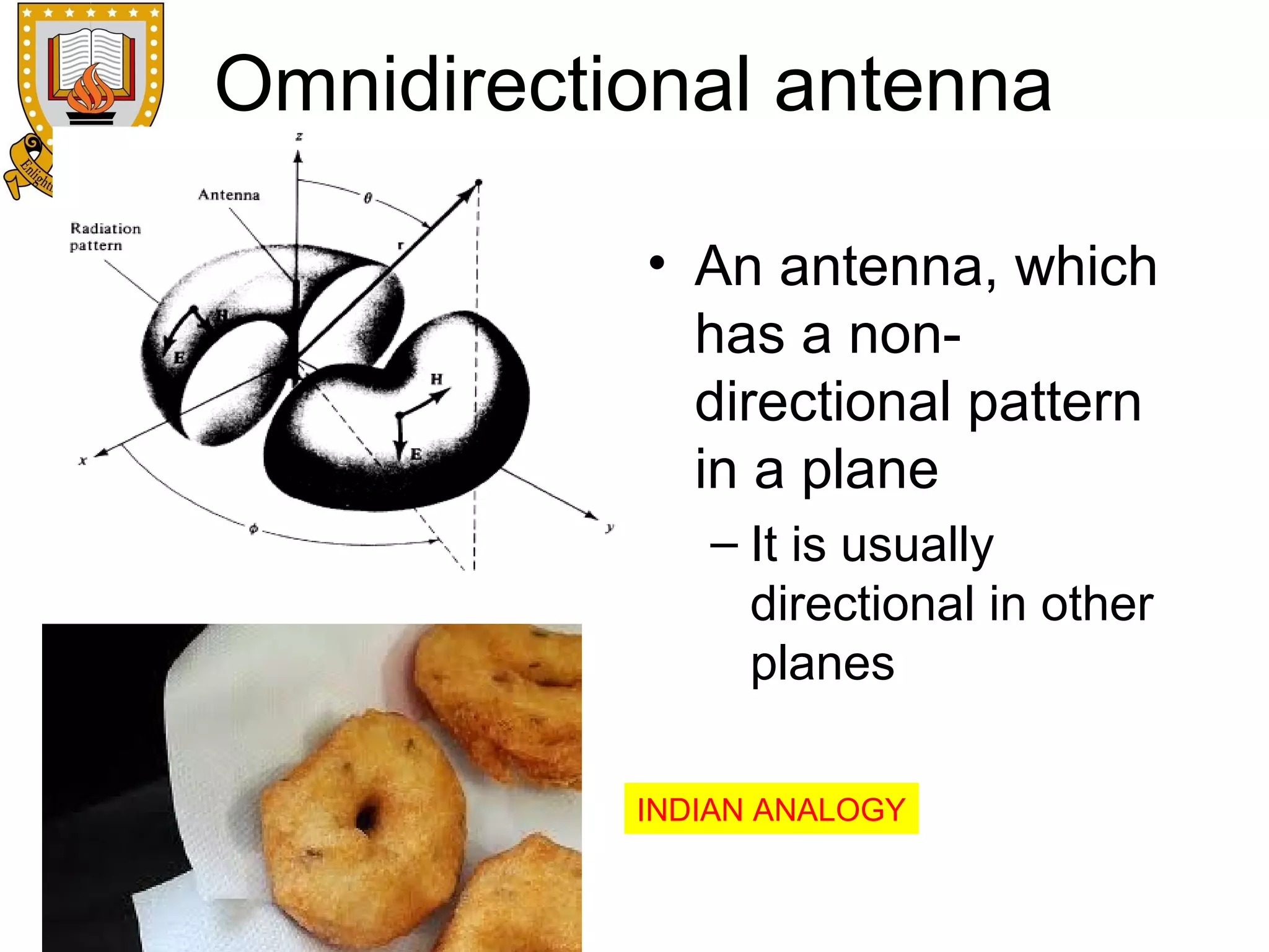 Omnidirectional antenna
• An antenna, which
has a nondirectional pattern
in a plane
– It is usually
directional in other
planes
INDIAN ANALOGY

 