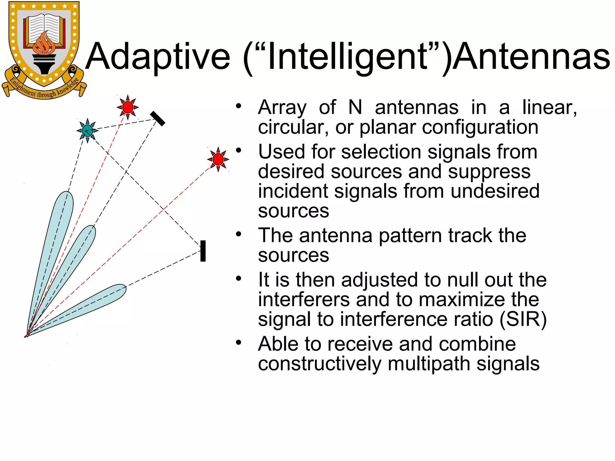 Adaptive (“Intelligent”)Antennas
• Array of N antennas in a linear,
circular, or planar configuration
• Used for selection signals from
desired sources and suppress
incident signals from undesired
sources
• The antenna pattern track the
sources
• It is then adjusted to null out the
interferers and to maximize the
signal to interference ratio (SIR)
• Able to receive and combine
constructively multipath signals

 