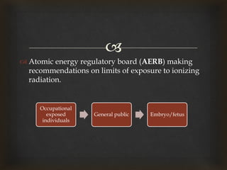 
 Atomic energy regulatory board (AERB) making
recommendations on limits of exposure to ionizing
radiation.
Occupational
exposed
individuals
General public Embryo/fetus
 