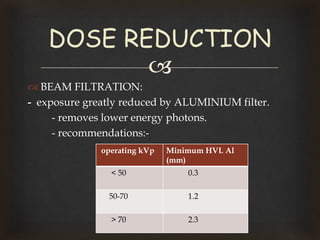 
 BEAM FILTRATION:
- exposure greatly reduced by ALUMINIUM filter.
- removes lower energy photons.
- recommendations:-
DOSE REDUCTION
operating kVp Minimum HVL Al
(mm)
< 50 0.3
50-70 1.2
> 70 2.3
 