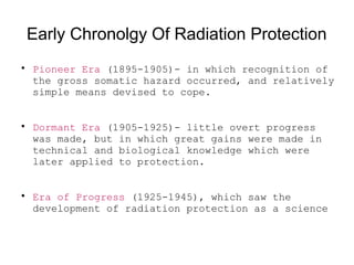 Early Chronolgy Of Radiation Protection

Pioneer Era (1895-1905)- in which recognition of
the gross somatic hazard occurr...