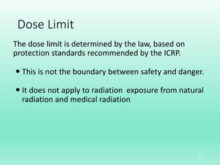 Dose Limit
The dose limit is determined by the law, based on
protection standards recommended by the ICRP.
 This is not the boundary between safety and danger.
 It does not apply to radiation exposure from natural
radiation and medical radiation
31
 