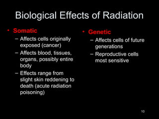 Biological Effects of Radiation
• Somatic
– Affects cells originally
exposed (cancer)
– Affects blood, tissues,
organs, possibly entire
body
– Effects range from
slight skin reddening to
death (acute radiation
poisoning)

• Genetic
– Affects cells of future
generations
– Reproductive cells
most sensitive

10

 