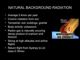 NATURAL BACKGROUND RADIATION
•
•
•
•
•

Average 2.4msv per year
Cosmic radiation from sun
Terrestrial: soil, buildings, granite
Body activity: potassium
Radon gas is naturally occuring
decay product of uranium and
thorium
• Skiing at high altitudes and airline
flights
• Return flight from Sydney to LA:
dose 0.16msv

 