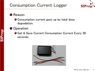 ©SIProp Project, 2006-2017 8
Consumption Current Logger
Reason
Consumption current goes up by total dose
degradation.
Operation
Get & Save Current Consumption Current Every 30
seconds.
 