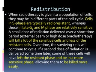 Redistribution
 When radiotherapy is given to a population of cells,
they may be in different parts of the cell cycle.Cells
in S-phase are typically radioresistant, whereas
those in late G2 and M phase are relatively sensitive.
A small dose of radiation delivered over a short time
period (external beam or high dose brachytherapy)
will kill a lot of the sensitive cells and less of the
resistant cells. Over time, the surviving cells will
continue to cycle. If a second dose of radiation is
delivered some time later, some of these cells will
have left the resistant phase and be in a more
sensitive phase, allowing them to be killed more
easily.
 