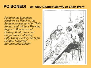 POISONED! -- as They Chatted Merrily at Their Work
Painting the Luminous
Numbers on Watches, the
Radium Accumulated in Their
Bodies, and Without Warning
Began to Bombard and
Destroy Teeth, Jaws and
Finger Bones. Marking
Fifty Young Factory Girls for
Painful, Lingering,
But Inevitable Death"
 