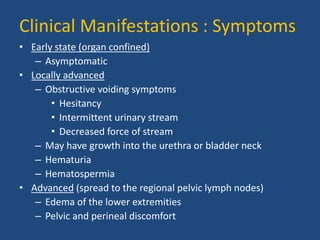 Clinical Manifestations : Symptoms 
• Early state (organ confined) 
– Asymptomatic 
• Locally advanced 
– Obstructive voiding symptoms 
• Hesitancy 
• Intermittent urinary stream 
• Decreased force of stream 
– May have growth into the urethra or bladder neck 
– Hematuria 
– Hematospermia 
• Advanced (spread to the regional pelvic lymph nodes) 
– Edema of the lower extremities 
– Pelvic and perineal discomfort 
 