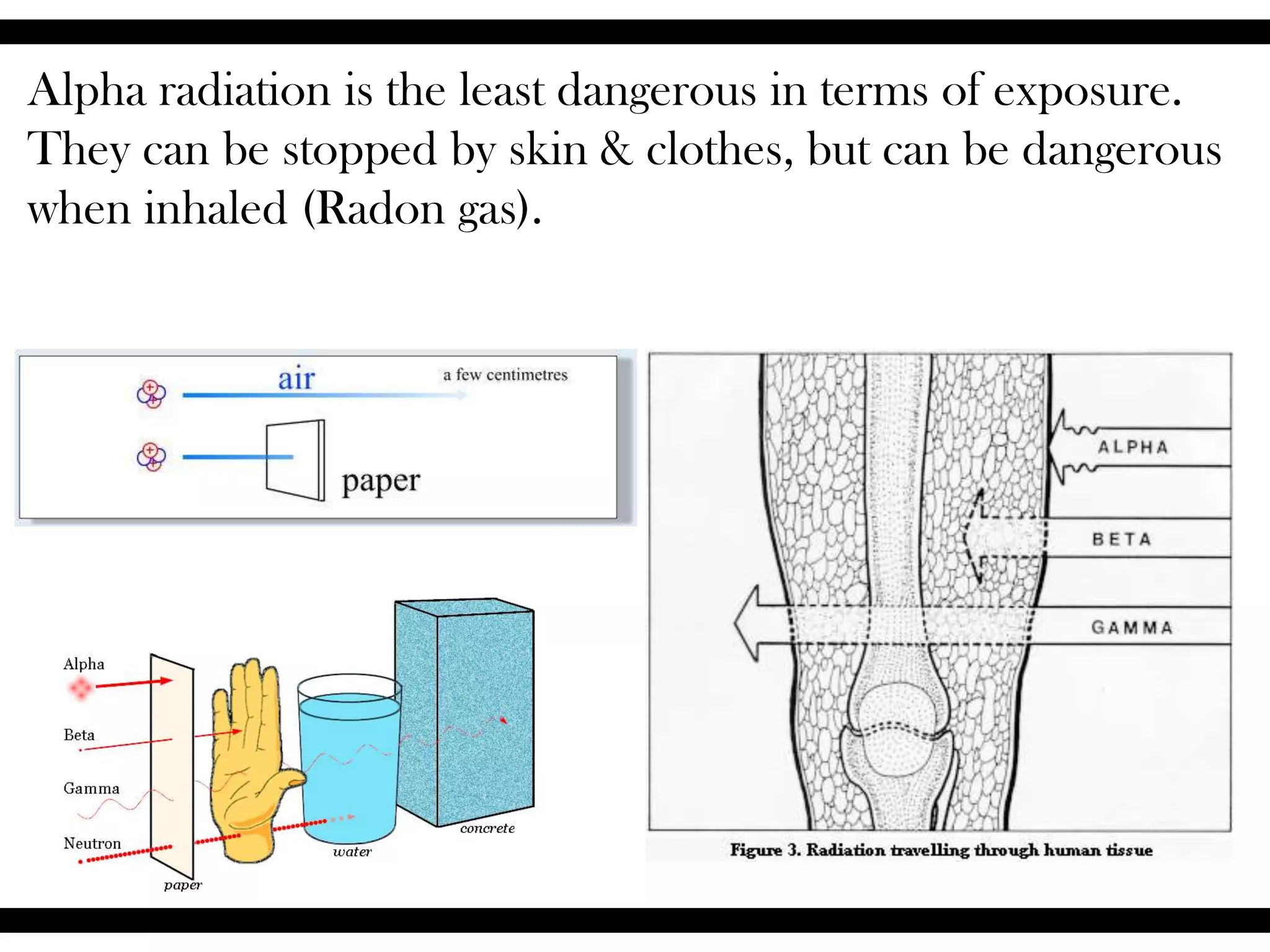 Alpha radiation is the least dangerous in terms of exposure.
They can be stopped by skin & clothes, but can be dangerous
when inhaled (Radon gas).
 
