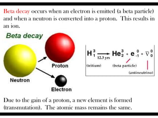 Beta decay occurs when an electron is emitted (a beta particle)
and when a neutron is converted into a proton. This results in
an ion.
Due to the gain of a proton, a new element is formed
(transmutation). The atomic mass remains the same.
 