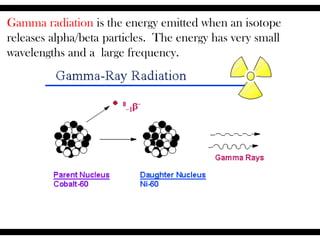 Gamma radiation is the energy emitted when an isotope
releases alpha/beta particles. The energy has very small
wavelengths and a large frequency.
 