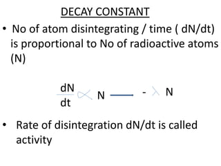 DECAY CONSTANT
• No of atom disintegrating / time ( dN/dt)
is proportional to No of radioactive atoms
(N)
dN
dt
N - N
• Rate of disintegration dN/dt is called
activity
 