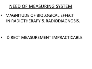 NEED OF MEASURING SYSTEM
• MAGNITUDE OF BIOLOGICAL EFFECT
IN RADIOTHERAPY & RADIODIAGNOSIS.
• DIRECT MEASUREMENT IMPRACTICABLE
 