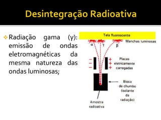 Radiação gama (γ):
emissão de ondas
eletromagnéticas da
mesma natureza das
ondas luminosas;
 