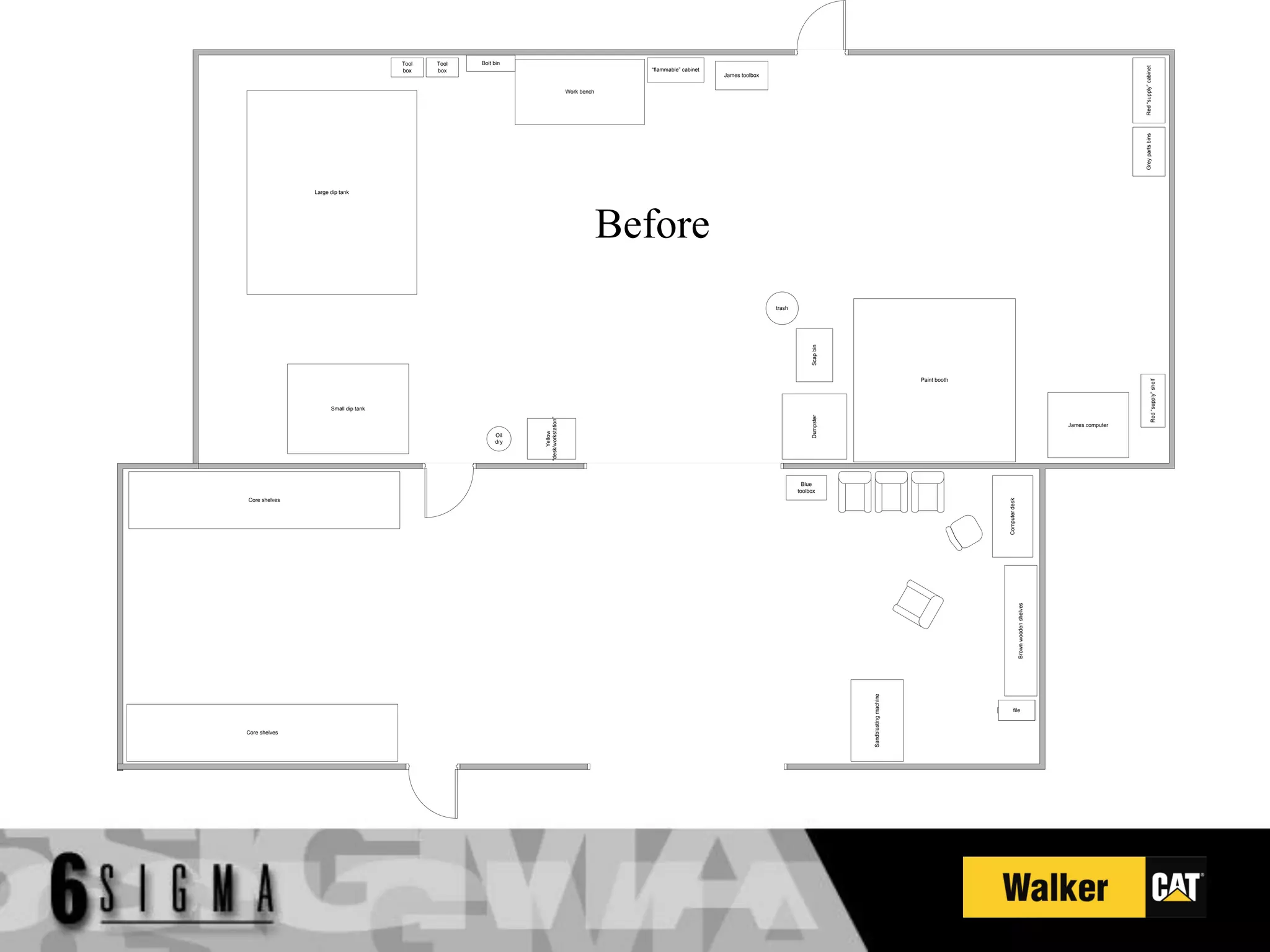 Tool   Tool   Bolt bin




                                                                                                                                                                                                                                                              Red “supply” cabinet
                                      box    box                                                   “flammable” cabinet
                                                                                                                         James toolbox

                                                                                    Work bench




                                                                                                                                                                                                                                                                 Grey parts bins
               Large dip tank




                                                                                                 Before
                                                                                                                                         trash




                                                                                                                                                      Scap bin
                                                                                                                                                                                        Paint booth




                                                                                                                                                                                                                                                                           Red “supply” shelf
                     Small dip tank




                                                                                                                                                      Dumpster
                                                               “desk/workstation”
                                                                                                                                                                                                                                             James computer




                                                                    Yellow
                                                         Oil
                                                         dry




                                                                                                                                                   Blue
                                                                                                                                                 toolbox
Core shelves




                                                                                                                                                                                                      Computer desk
                                                                                                                                                                                                                      Brown wooden shelves
                                                                                                                                                                 Sandblasting machine
                                                                                                                                                                                                             file



Core shelves
 