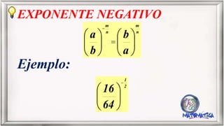 EXPONENTE NEGATIVO
Ejemplo:
a
b
b
a n
m
n
m
64
16 2
1