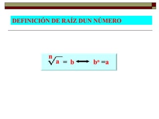 DEFINICIÓN DE RAÍZ DUN NÚMERO a b n = b n   = a 