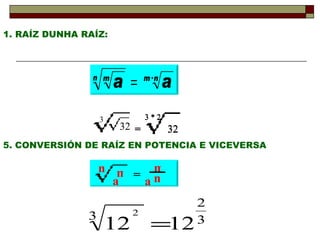 5. CONVERSIÓN DE RAÍZ EN POTENCIA E VICEVERSA RAÍZ DUNHA RAÍZ: 3 32 = 32 3 * 2 = 32 3 * 2 = m n a a m n 