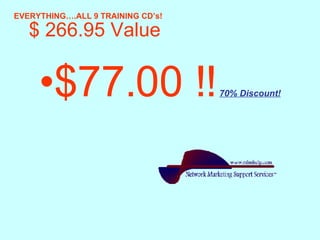 $ 266.95 Value   $77.00 !!   70% Discount! EVERYTHING….ALL 9 TRAINING CD’s! 
