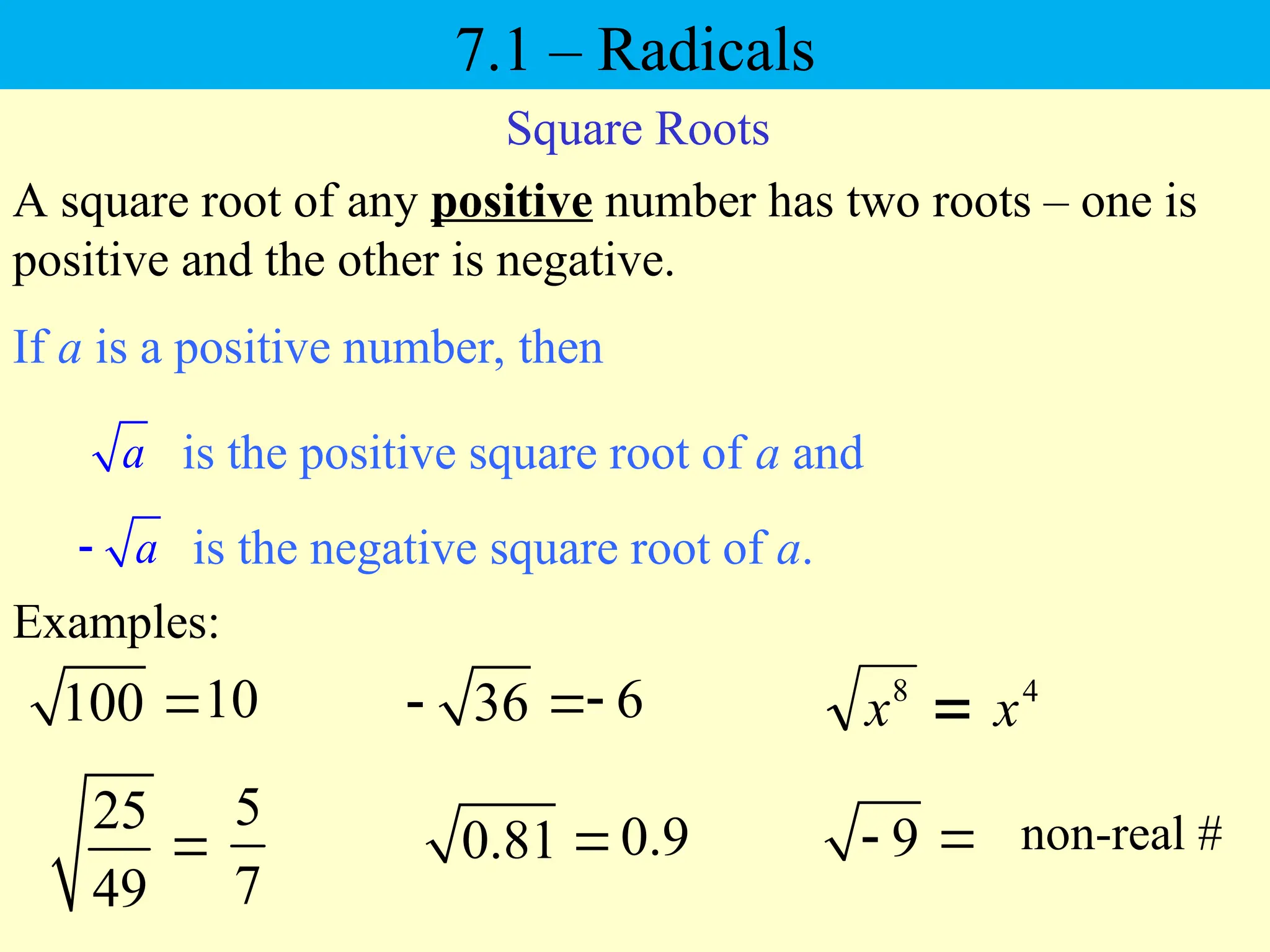 Square Roots
If a is a positive number, then
a is the positive square root of a and
100 
a
 is the negative square root of a.
A square root of any positive number has two roots – one is
positive and the other is negative.
Examples:
10
25
49

5
7
0.81 0.9
36
  6

9
  non-real #

8
x 4
x
7.1 – Radicals
 