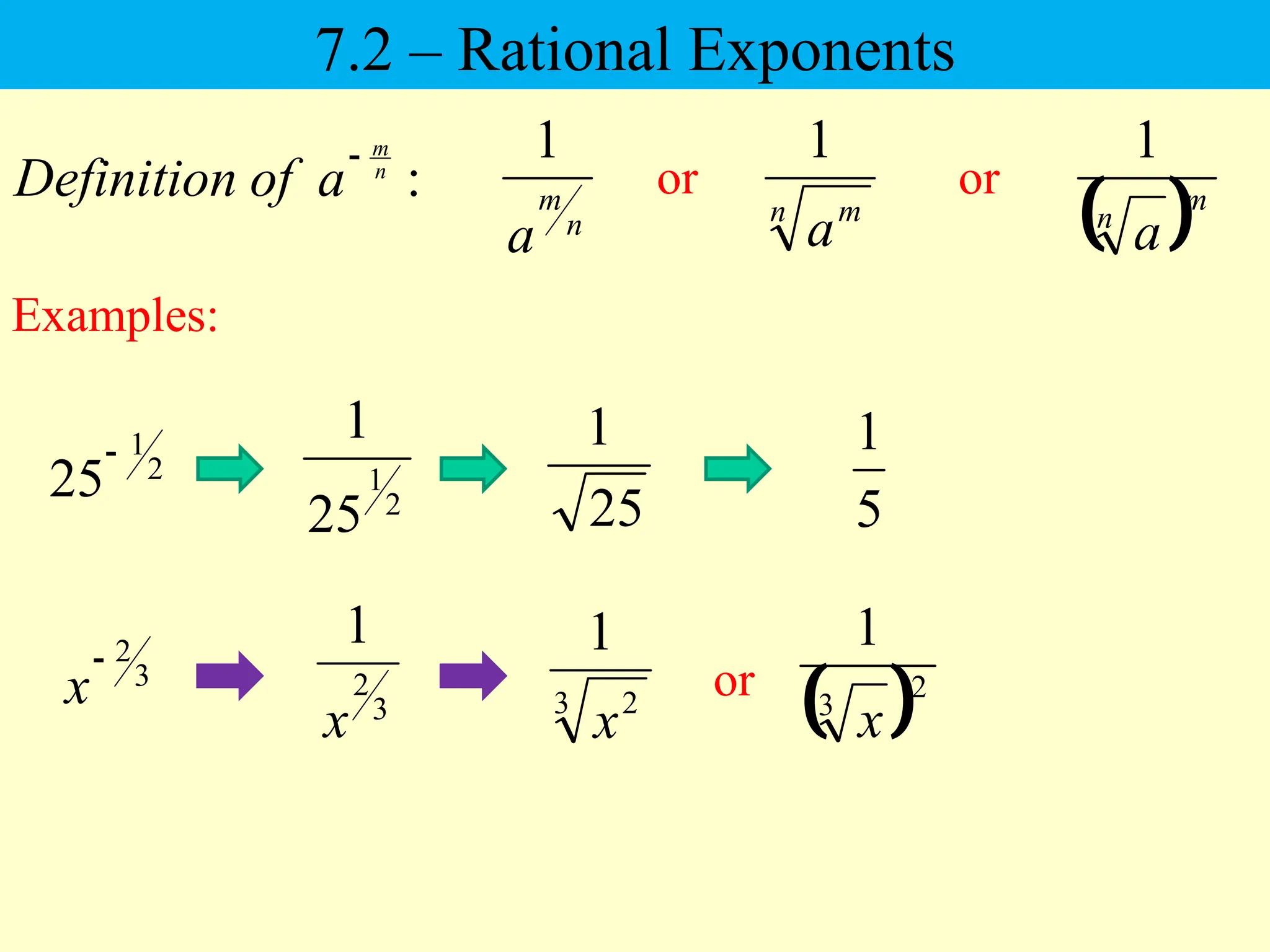 7.2 – Rational Exponents
Examples:
:
n
m
a
of
Definition

n m
a
1
 m
n
a
1
2
1
25
1
2
1
25

25
1
5
1
3
2
1
x
3
2

x 3 2
1
x  2
3
1
x
n
m
a
1
or or
or
 
