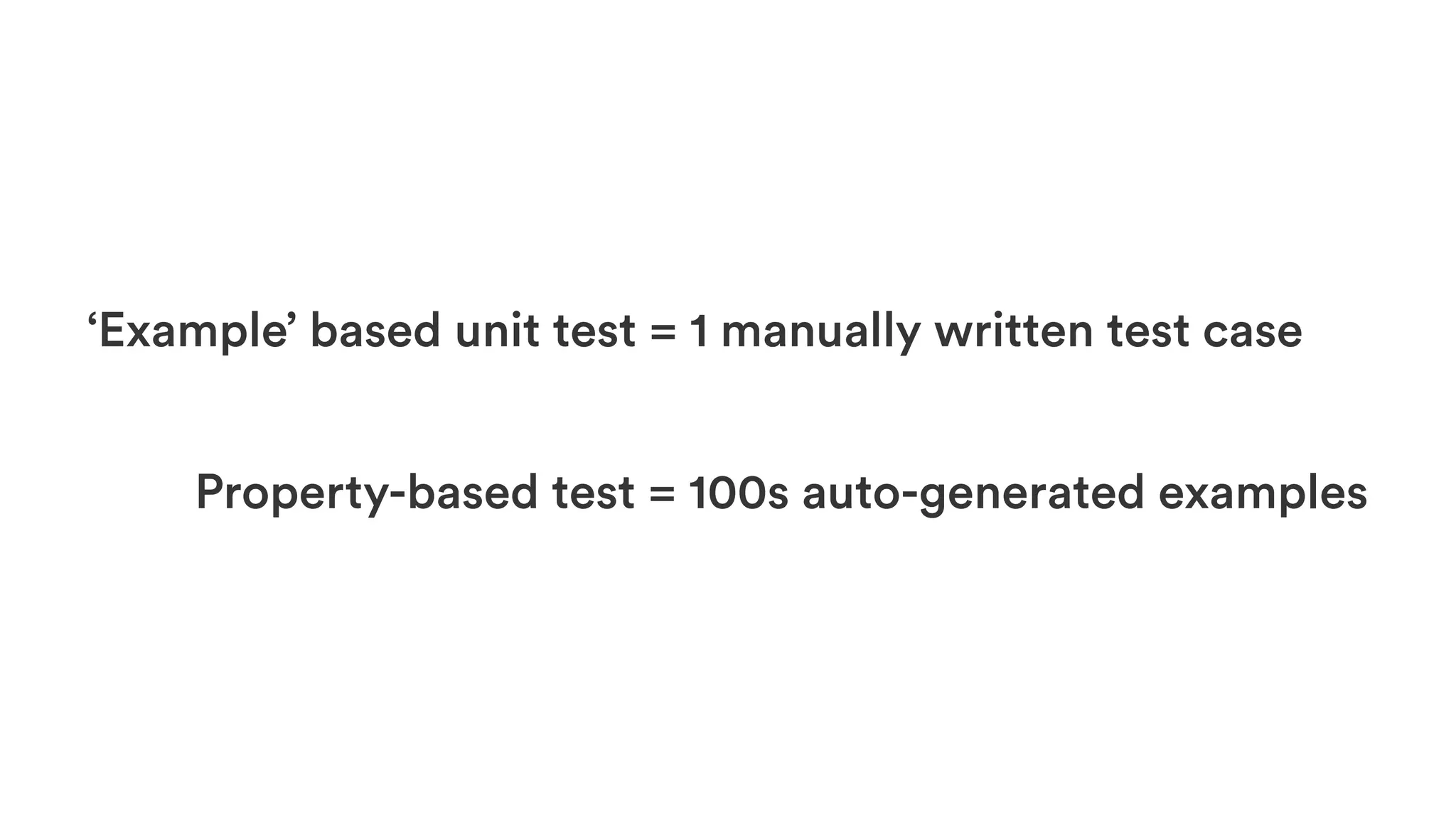 ‘Example’ based unit test = 1 manually written test case
Property-based test = 100s auto-generated examples
 