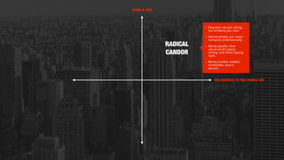 RADICAL
CANDOR
• Requires not just caring,
but showing you care
• Demonstrates you value
someone professionally
• Being equally clear
about what’s going
wrong, and what’s going
right.
• Being humble, helpful,
immediate, and in-
person
GIVING A SHIT
WILLINGNESS TO PISS PEOPLE OFF
 