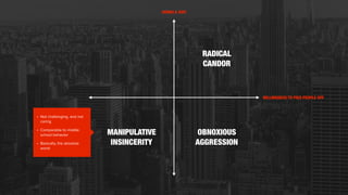 RADICAL
CANDOR
MANIPULATIVE
INSINCERITY
• Not challenging, and not
caring
• Comparable to middle
school behavior
• Basically, the absolute
worst
GIVING A SHIT
WILLINGNESS TO PISS PEOPLE OFF
OBNOXIOUS
AGGRESSION
 