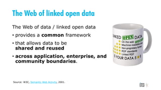 The Web of linked open data
The Web of data / linked open data
• provides a common framework
• that allows data to be
shared and reused
• across application, enterprise, and
community boundaries.
Source: W3C, Semantic Web Activity, 2001.
 