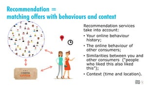 Recommendation =
matching offers with behaviours and context
Recommendation services
take into account:
• Your online behaviour
history;
• The online behaviour of
other consumers;
• Similarities between you and
other consumers (“people
who liked this also liked
this”);
• Context (time and location).OFFER
 