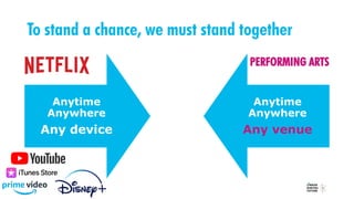 To stand a chance, we must stand together
Anytime
Anywhere
Any device
Anytime
Anywhere
Any venue
PERFORMING ARTS
 