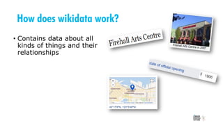 How does wikidata work?
• Contains data about all
kinds of things and their
relationships
 
