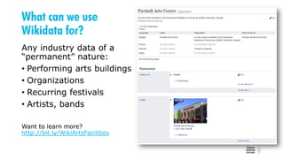 What can we use
Wikidata for?
Any industry data of a
“permanent” nature:
• Performing arts buildings
• Organizations
• Recurring festivals
• Artists, bands
Want to learn more?
http://bit.ly/WikiArtsFacilities
 