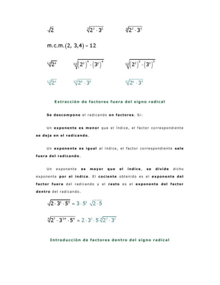 Extracción de factores fuera del signo radical


     Se descompone el radicando en factores. Si:



     Un exponente es menor que el índice, el factor correspondiente

se deja en el radicando .



     Un expone nte es igual al índice, el factor correspondiente sale

fuera del radicando.



     Un   exponente     es   mayor   que   el   índice,   se   divide   dicho

exponente por el índice. El cociente obtenido es el exponente del

factor fuera del radicando y el resto es el exponente del factor

dentro del radicando.




      Introducción de factores dentro del signo radical
 