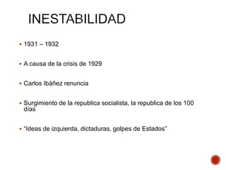  1931 – 1932
 A causa de la crisis de 1929
 Carlos Ibáñez renuncia
 Surgimiento de la republica socialista, la republica de los 100
días
 “Ideas de izquierda, dictaduras, golpes de Estados”
 