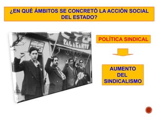 ¿EN QUÉ ÁMBITOS SE CONCRETÓ LA ACCIÓN SOCIAL
DEL ESTADO?
POLÍTICA SINDICAL
AUMENTO
DEL
SINDICALISMO
 