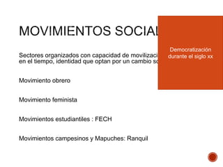Sectores organizados con capacidad de movilización, continuidad
en el tiempo, identidad que optan por un cambio social.
Movimiento obrero
Movimiento feminista
Movimientos estudiantiles : FECH
Movimientos campesinos y Mapuches: Ranquil
Democratización
durante el siglo xx
 