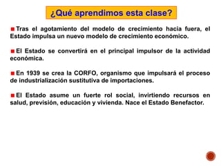 Tras el agotamiento del modelo de crecimiento hacia fuera, el
Estado impulsa un nuevo modelo de crecimiento económico.
El Estado se convertirá en el principal impulsor de la actividad
económica.
En 1939 se crea la CORFO, organismo que impulsará el proceso
de industrialización sustitutiva de importaciones.
El Estado asume un fuerte rol social, invirtiendo recursos en
salud, previsión, educación y vivienda. Nace el Estado Benefactor.
¿Qué aprendimos esta clase?
 