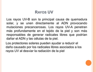 RAYOS UV
 Los rayos UV-B son la principal causa de quemadura
 solar, y se unen directamente al ADN provocando
 mutaciones precancerosas. Los rayos UV-A penetran
 más profundamente en el tejido de la piel y son más
 responsables de generar radicales libres que podrían
 dañar el ADN y las células de la piel.
Los protectores solares pueden ayudar a reducir el
daño causado por los radicales libres asociados a los
rayos UV al desviar la radiación de la piel
 