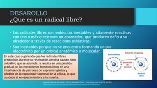 DESAROLLO
¿Que es un radical libre?
• Los radicales libres son moléculas inestables y altamente reactivas
con uno o más electrones no apareados, que producen daño a su
alrededor a través de reacciones oxidativas.
• Son inestables porque no se encuentra formando un par
electrónico por un orbital anatómico o molecular.
En este caso sugiriendo que los radicales libres
producidos durante la respiración aerobia causan daño
oxidativo que se acumula, y resulta en una pérdida
gradual de los mecanismos homeostáticos en una
interferencia de patrones de expresión génica y
pérdida de la capacidad funcional de la célula, lo que
conduce al envejecimiento y a la muerte.
Instituto nacional del cancer. (2018). Radicales libres. 13 de Septiembre de 2018, de NIH,
https://www.cancer.gov/espanol/publicaciones/diccionario/def/radical-libre
 