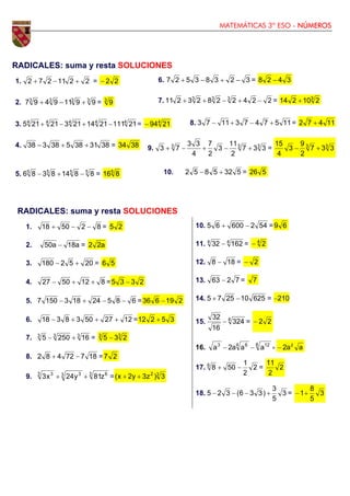 MATEMÁTICAS 3º ESO - NÚMEROS
RADICALES: suma y resta SOLUCIONES
1. 2
2
11
2
7
2 +
−
+ = 2
2
− 6. 3
2
3
8
3
5
2
7 −
+
−
+ = 3
4
2
8 −
2. 3
3
3
3
9
9
11
9
4
9
7 +
−
+ = 3
9 7. 2
2
4
2
2
8
2
3
2
11 3
3
3
−
+
−
+
+ = 3
2
10
2
14 +
3. 4
4
4
4
4
21
111
21
14
21
3
21
21
5 −
+
−
+ = 4
21
94
− 8. 11
5
7
4
7
3
11
7
3 +
−
+
− = 11
4
7
2 +
4. 38
31
38
5
38
3
38 +
+
− = 38
34 9. 3
3
3
3
3
7
2
11
3
2
7
4
3
3
7
3 +
−
+
−
+ = 3
3
3
3
7
2
9
3
4
15
+
−
5. 5
5
5
5
8
8
14
8
3
8
6 −
+
− = 5
8
16 10. 5
32
5
8
5
2 +
− = 5
26
RADICALES: suma y resta SOLUCIONES
1. 8
2
50
18 −
−
+ = 2
5
2. a
18
a
50 − = a
2
2
3. 20
5
2
180 +
− = 5
6
4. 8
12
50
27 +
+
− = 2
3
3
5 −
5. 6
8
5
24
18
3
150
7 −
−
+
− = 2
19
6
36 −
6. 12
27
50
3
8
3
18 +
+
+
− = 3
5
2
12 +
7. 3
3
3
16
250
5 +
− = 3
3
2
3
5 −
8. 18
7
72
4
8
2 −
+ = 2
7
9. 3 6
3 3
3 3
z
81
y
24
x
3 +
+ = 3
2
3
)
z
3
y
2
x
( +
+
10. 54
2
600
6
5 −
+ = 6
9
11. 4
4
162
32 − = 4
2
−
12. 18
8 − = 2
−
13. 7
2
63 − = 7
14. 625
10
25
7
5 −
+ = −210
15. 4
324
16
32
− = 2
2
−
16. 8 12
4 6
3
a
a
a
2
a −
− = a
a
2 2
−
17. 2
2
1
50
8
6
−
+ = 2
2
11
18. 3
5
3
)
3
3
6
(
3
2
5 +
−
−
− = 3
5
8
1+
−
 
