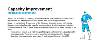 Capacity Improvement
Radical Improvement
As part our approach to changing a Culture we knew how important momentum and
results were; so a key delivery of the CI team was ‘Radical improvement’.
As part of managing a CI team one of the things we focussed on was high priority
changes, which also formed a base for team member’s development and motivation
through autonomy. One of these projects is detailed below, led by a key member of my
team;
• Improvement project on a machining cell to improve efficiency on a target area for
business growth. The improvements were to maximise productivity through
downtime minimisation and wear rates. A cost saving of approx. £340,000.
 