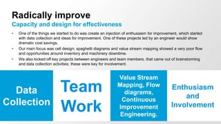 Radically improve
Capacity and design for effectiveness
• One of the things we started to do was create an injection of enthusiasm for improvement, which started
with data collection and ideas for improvement. One of these projects led by an engineer would show
dramatic cost savings.
• Our main focus was cell design; spaghetti diagrams and value stream mapping showed a very poor flow
and opportunities around inventory and machinery downtime.
• We also kicked off key projects between engineers and team members, that came out of brainstorming
and data collection activities; these were key for involvement.
Data
Collection
Team
Work
Enthusiasm
and
Involvement
Value Stream
Mapping, Flow
diagrams,
Continuous
Improvement
Engineering.
 
