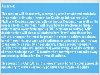 Abstract:
This session will discuss why a company would create and maintain
three major artifacts - Innovation Roadmap, Infrastructure/
Platform Roadmap, and Operations/DevOps Roadmap - as well as the
process to do so. Further, it will cover how to synchronize them in
order to move away from making "OR" decisions to making "AND"
decisions that will please all stakeholders. It will also discuss key
cultural changes that must be present in order to achieve maximum
beneﬁt from this approach and challenges experienced along the way
to making this a reality at Socialware, a SaaS product company.
Finally, this session will include real world examples of the evolution
of these roadmaps over 18 months that participants can take away
and use as guidelines for their own situations.
This concept is RADICAL as it is innovative in both its novel approach
and ability to drive enormously positive organizational agility.
 
