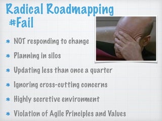 NOT responding to change
Planning in silos
Updating less than once a quarter
Ignoring cross-cutting concerns
Highly secretive environment
Violation of Agile Principles and Values
Radical Roadmapping
#Fail
 