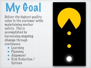 My Goal
Deliver the highest quality
value to the customer while
maintaining worker
safety. This is
accomplished by
harnessing ongoing
change through
continuous:
Learning
Planning
Alignment
Risk Reduction /
Options
 