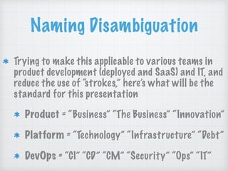Naming Disambiguation
Trying to make this applicable to various teams in
product development (deployed and SaaS) and IT, and
reduce the use of “strokes,” here’s what will be the
standard for this presentation
Product = “Business” “The Business” “Innovation”
Platform = “Technology” “Infrastructure” “Debt”
DevOps = “CI” “CD” “CM” “Security” “Ops” “IT”
 