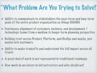 “What Problem Are You Trying to Solve? 
Ability to communicate to stakeholders the near-term and long-term
goals of the entire product organization as things CHANGE
Continuous alignment of customers, business, and development /
technology teams from a medium to longer-term planning perspective
Building trust across Product, Platform, and DevOps and maybe, just
maybe into customers
Ability to make tradeoffs and understand the full impact across all
fronts
A great deal of work is not represented in traditional roadmaps
How much do we invest in infrastructure and why should we?
 